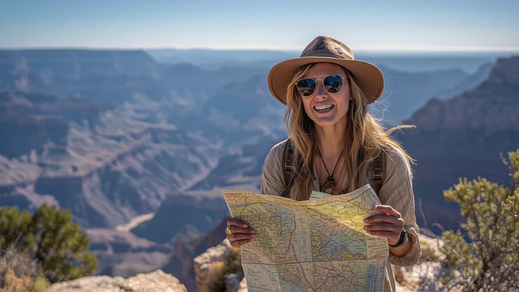 Joven viajera feliz con sombrero y gafas de sol sostiene un mapa de papel en un mirador de cañón, disfrutando de un viaje de aventura al aire libre con acantilados dramáticos de fondo