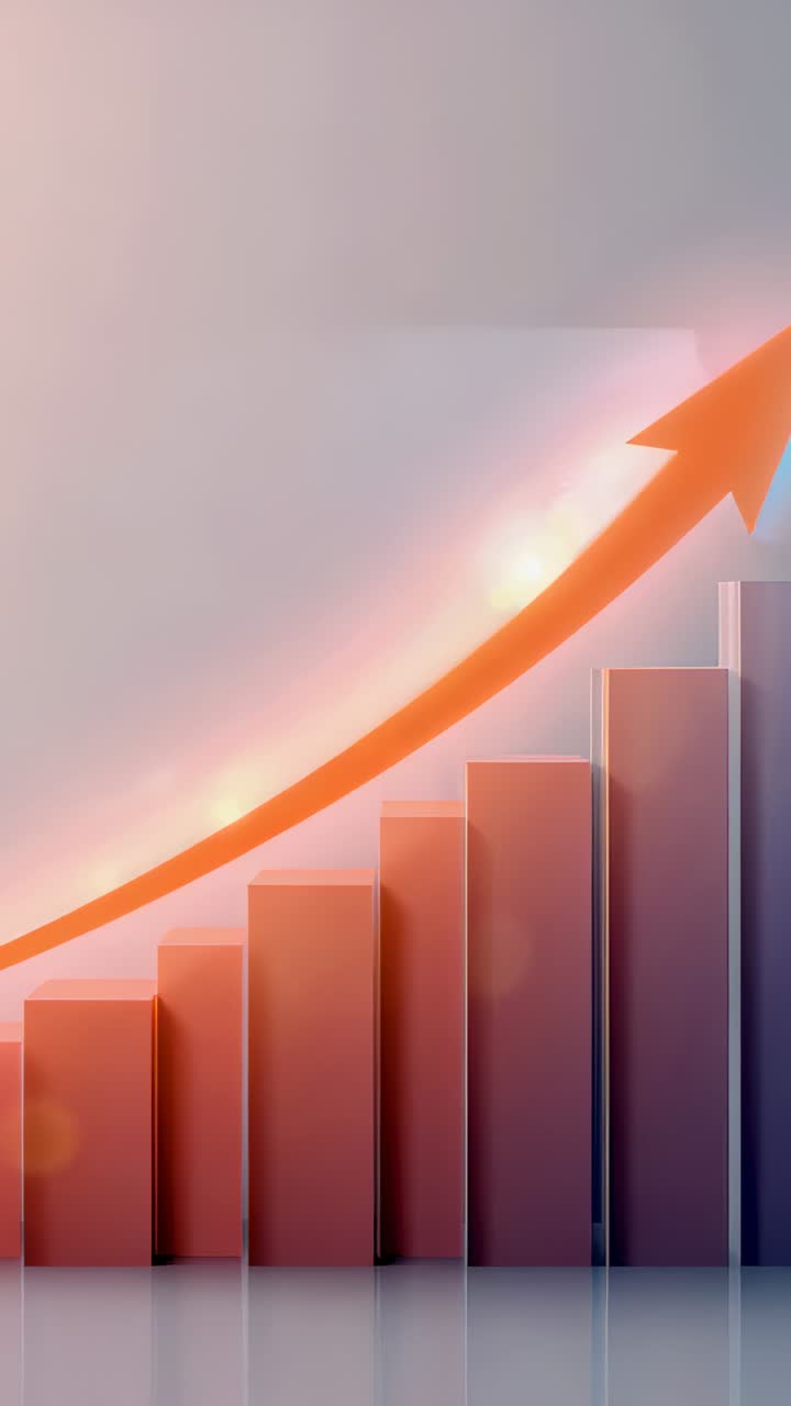 Vertical video: Playback starting, 3D bar chart rising on shiny floor, showing growth with arrow