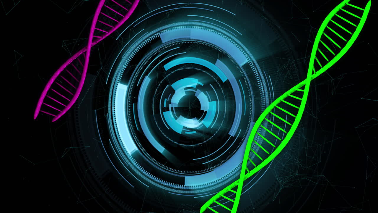 DNA strands and rotating digital interface, scientific data analysis animation