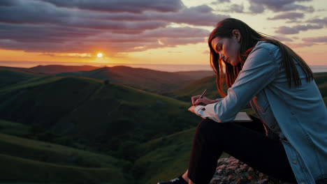 young woman writing in a notebook outdoors at sunset
