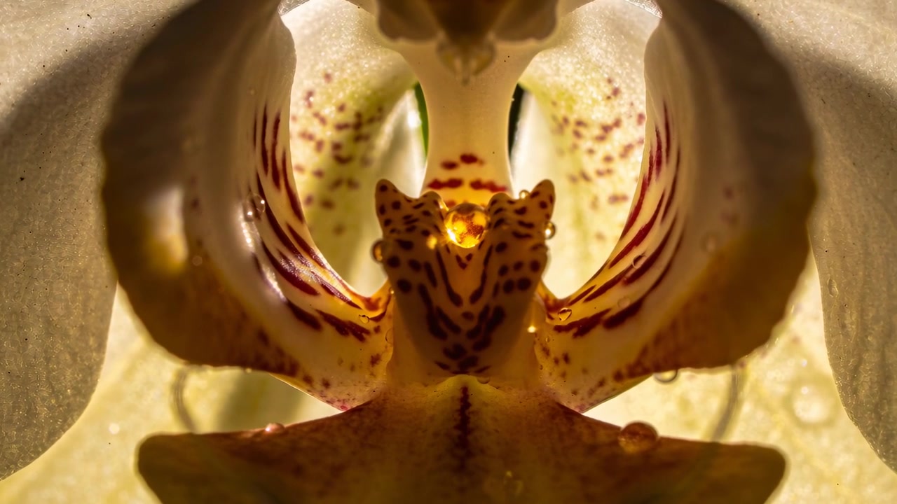 Kamerafokus auf Orchideensäule und -lippe auf dem Tisch, wird schärfer, um glitzernde Tropfen und Flecken sichtbar zu machen.
