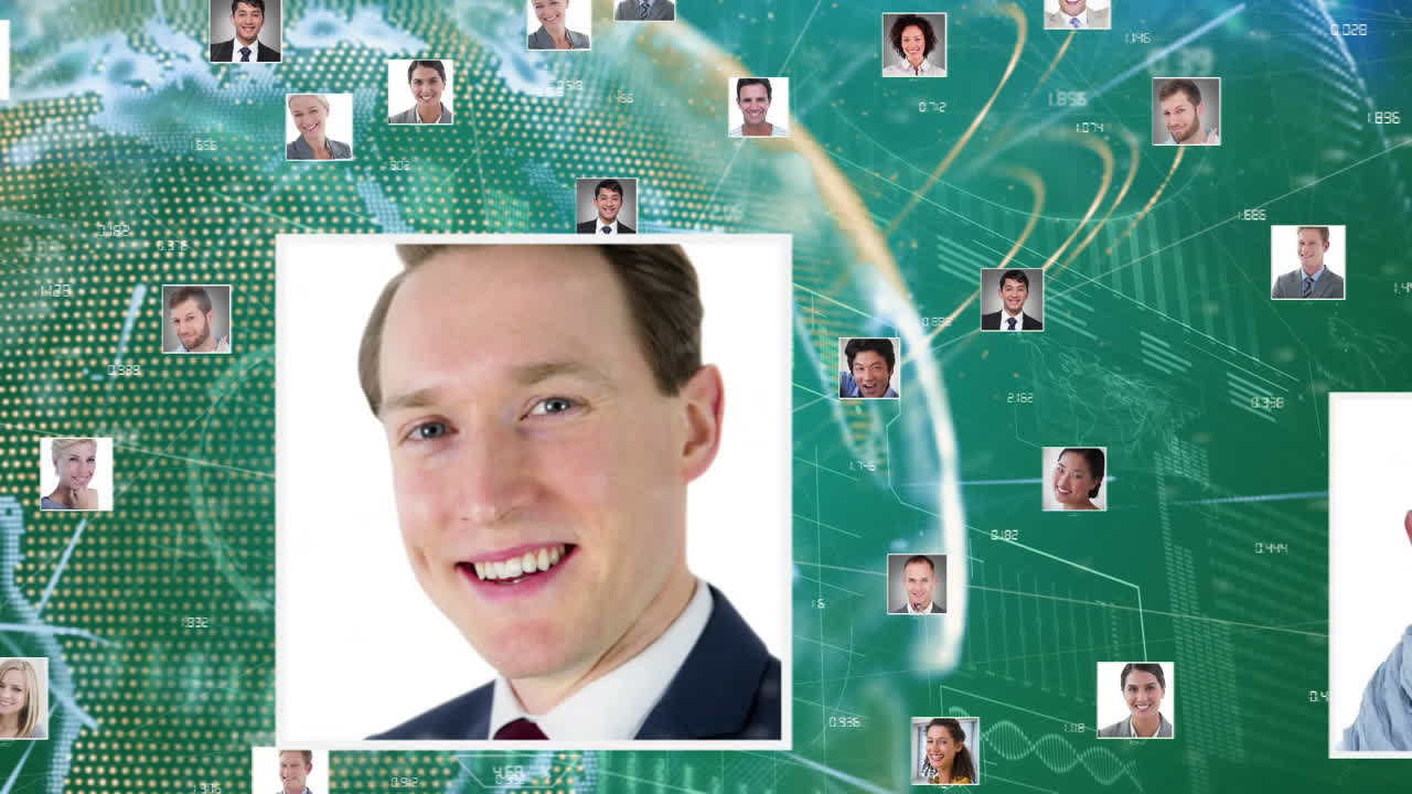 цифровой состав глобуса из нескольких профильных икон, вращающихся против световых следов над глобусом