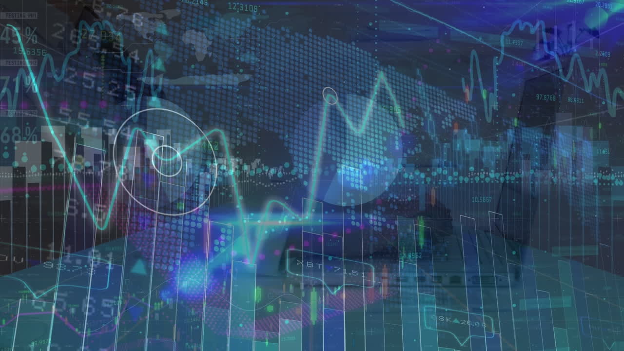 Animation of data processing caucasian man using laptop