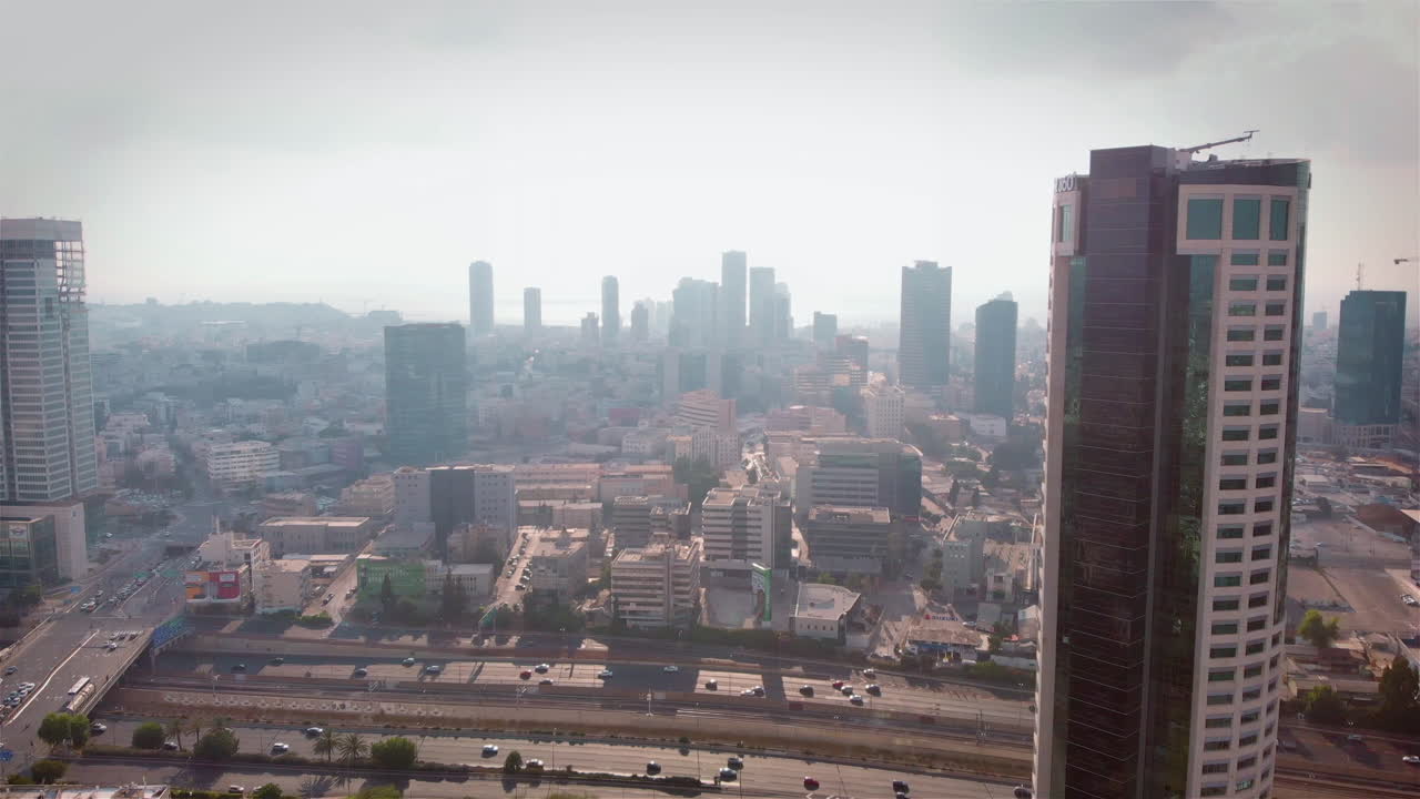 City skyline traffic and pollution Aerial