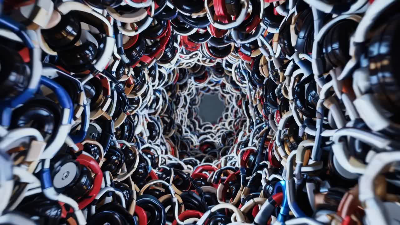 Abstract visual sequence showcasing a dynamic tunnel of intertwined colorful headphones, illustrating depth and movement through a vibrant, intricate design