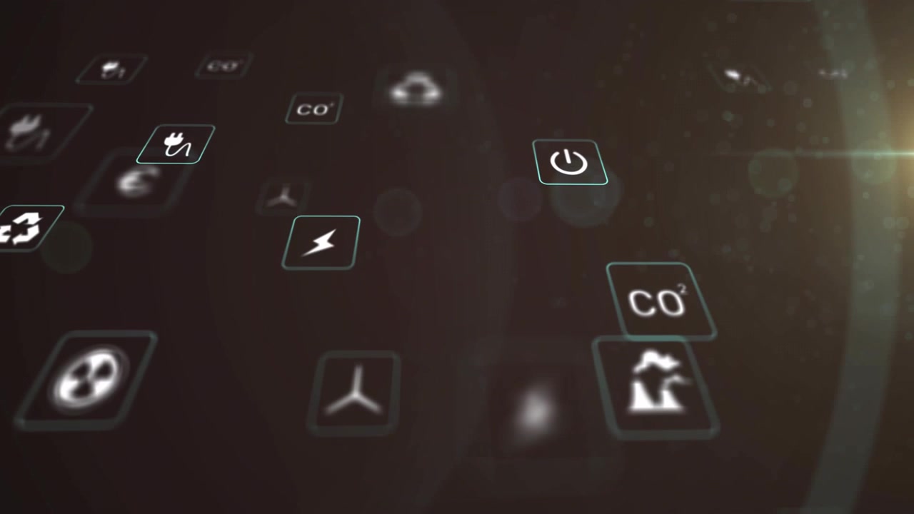 Un grupo de iconos de energía flotando en una HUD, la cámara avanza mostrando el impacto energético o de CO2 a través de un destello.