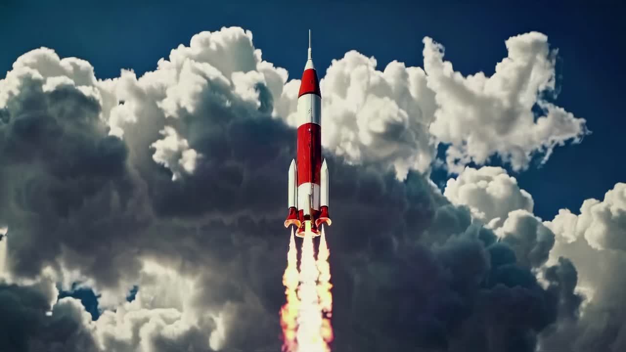 A dramatic upward camera angle captures a vintage rocket launching against a backdrop of dark