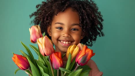 happy young girl with a bouquet of colorful tulips