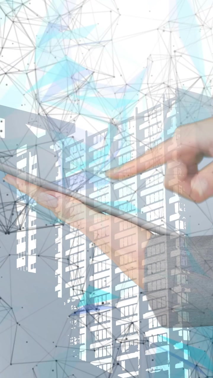 Animazione di rete di connessioni su uomo d'affari che usa un tablet e paesaggio urbano in sottofondo