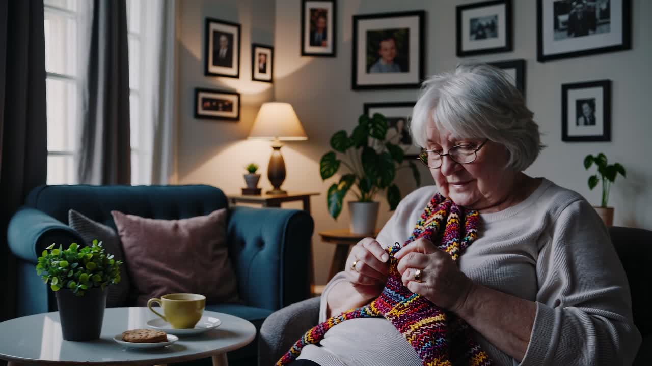 A cozy living room scene with an elderly woman knitting, captured from a side angle