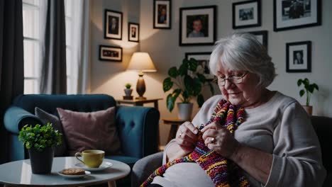 a cozy living room scene with an elderly woman knitting, captured from a side angle