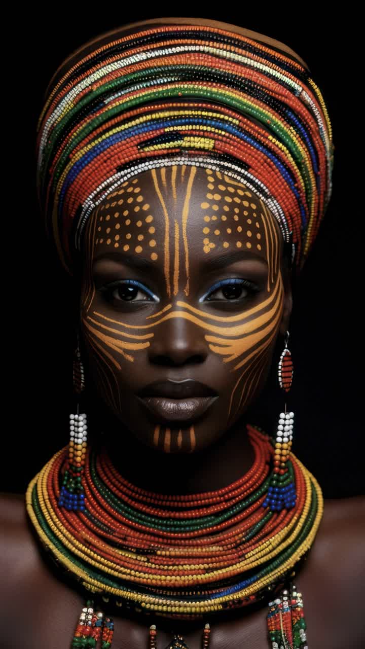 Vibrant portrait of a woman with tribal face paint and colorful beads