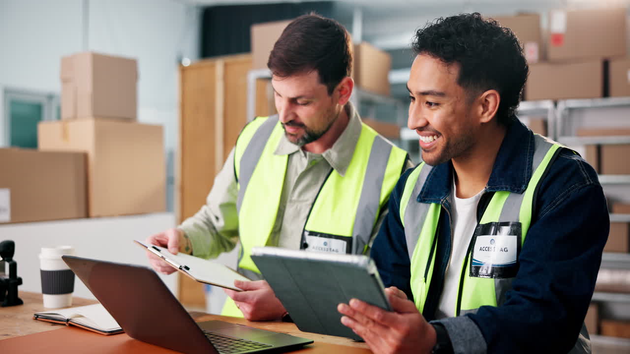Warehouse workers reviewing inventory