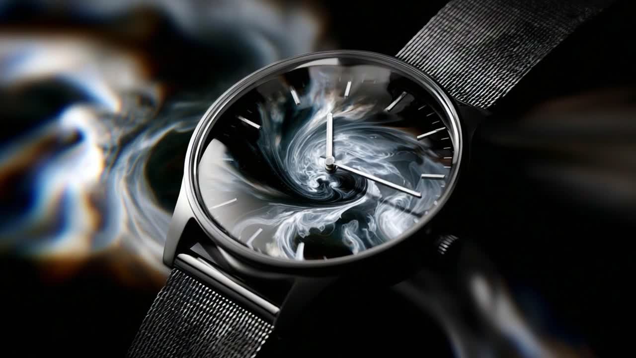 A captivating close-up of a modern wristwatch featuring a unique swirling design on the dial, showcasing elegant craftsmanship against a dramatic blurred background