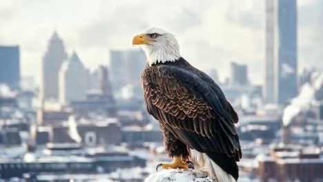 a majestic bald eagle perches on a snowy peak with a winter city skyline in the background