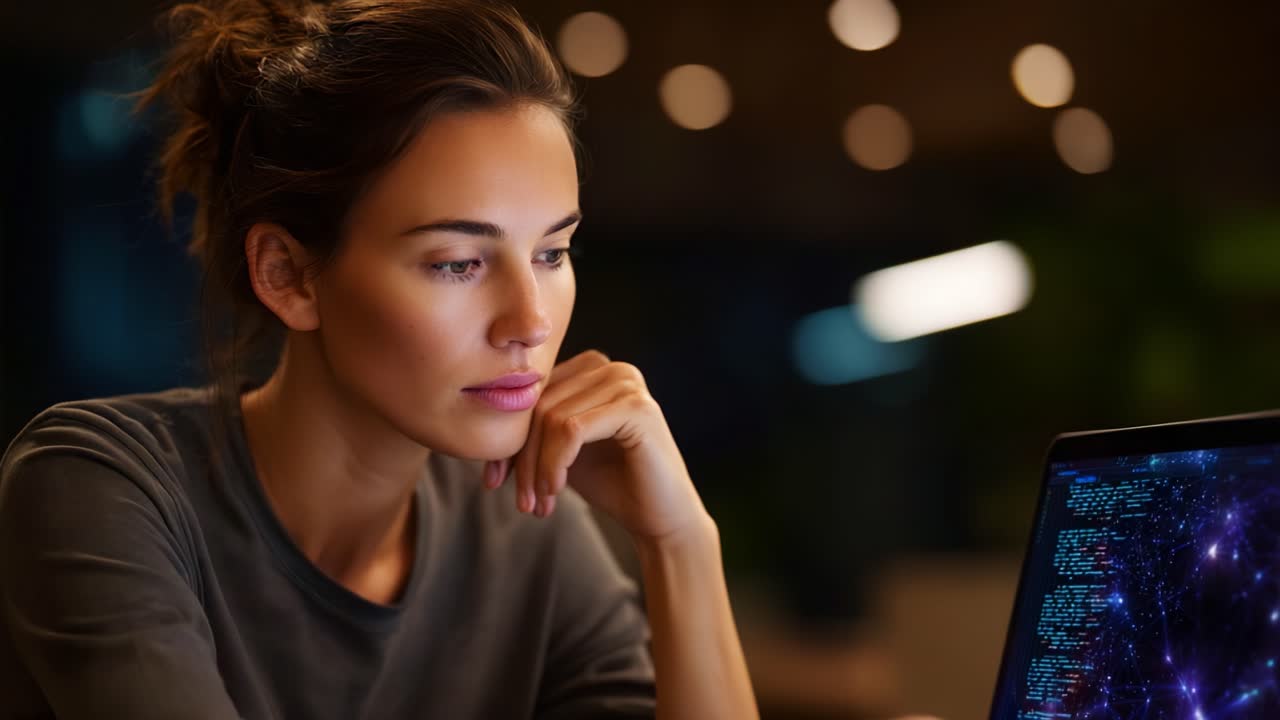 Focused Woman Analyzing Data on Laptop Screen While Working Late at Night Illuminated by Warm Indoor Light