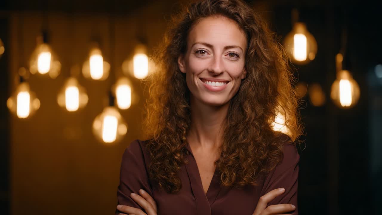 A Confident Woman with Curly Hair Smiling Brightly Against a Backdrop of Warm Light Bulbs, Radiating Positivity and Charisma in a Cozy Indoor Environment, Inspiring a Sense of Joy and Connection