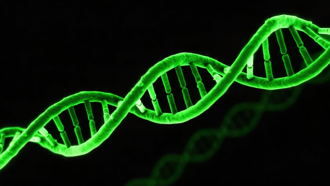 Illuminated DNA Helix: A Close-Up View of the Structure of Deoxyribonucleic Acid Showcasing Its Unique Twisted Form in Vibrant Green Coloring