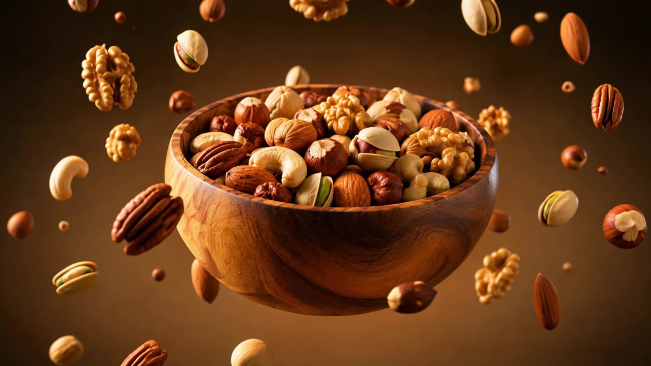 Assorted Nuts Floating Around a Wooden Bowl