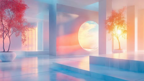 colorful modern interior with sunset view