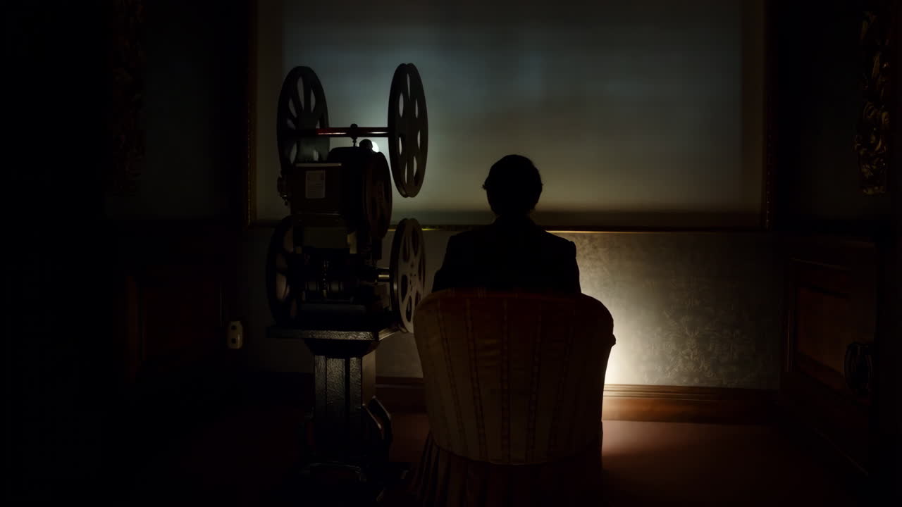 Silhouette of a man watching a movie on a vintage projector