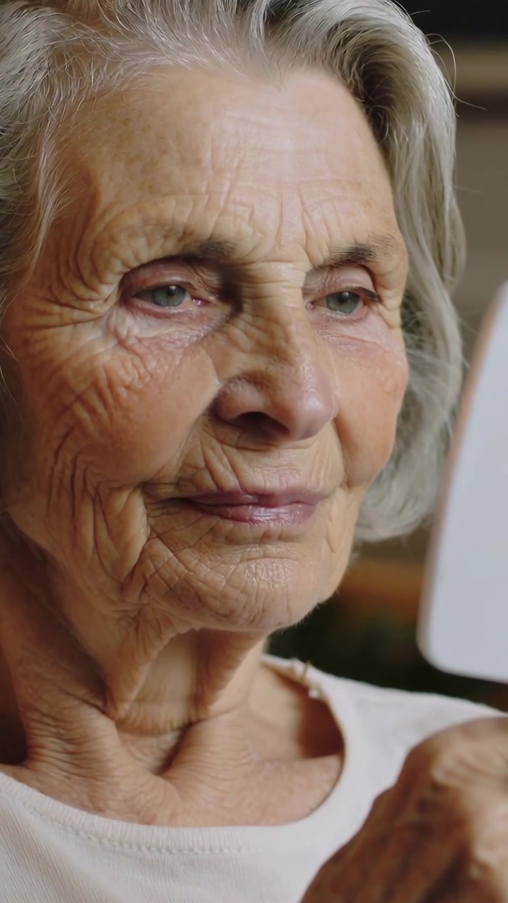 Vertical video: Holding small white mirror, senior woman examining face at home, checking skin