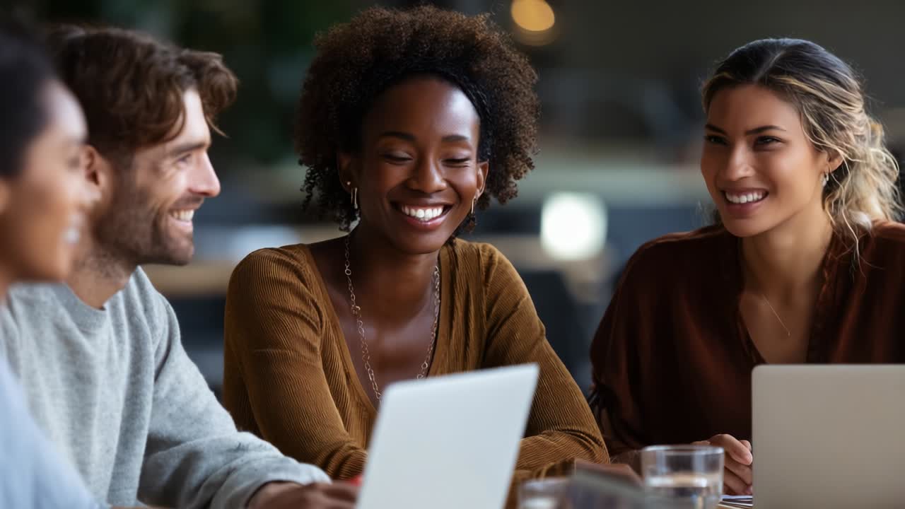A group of diverse friends engaged in lively conversation around a table, sharing smiles and ideas as they work together on laptops in a casual and collaborative environment