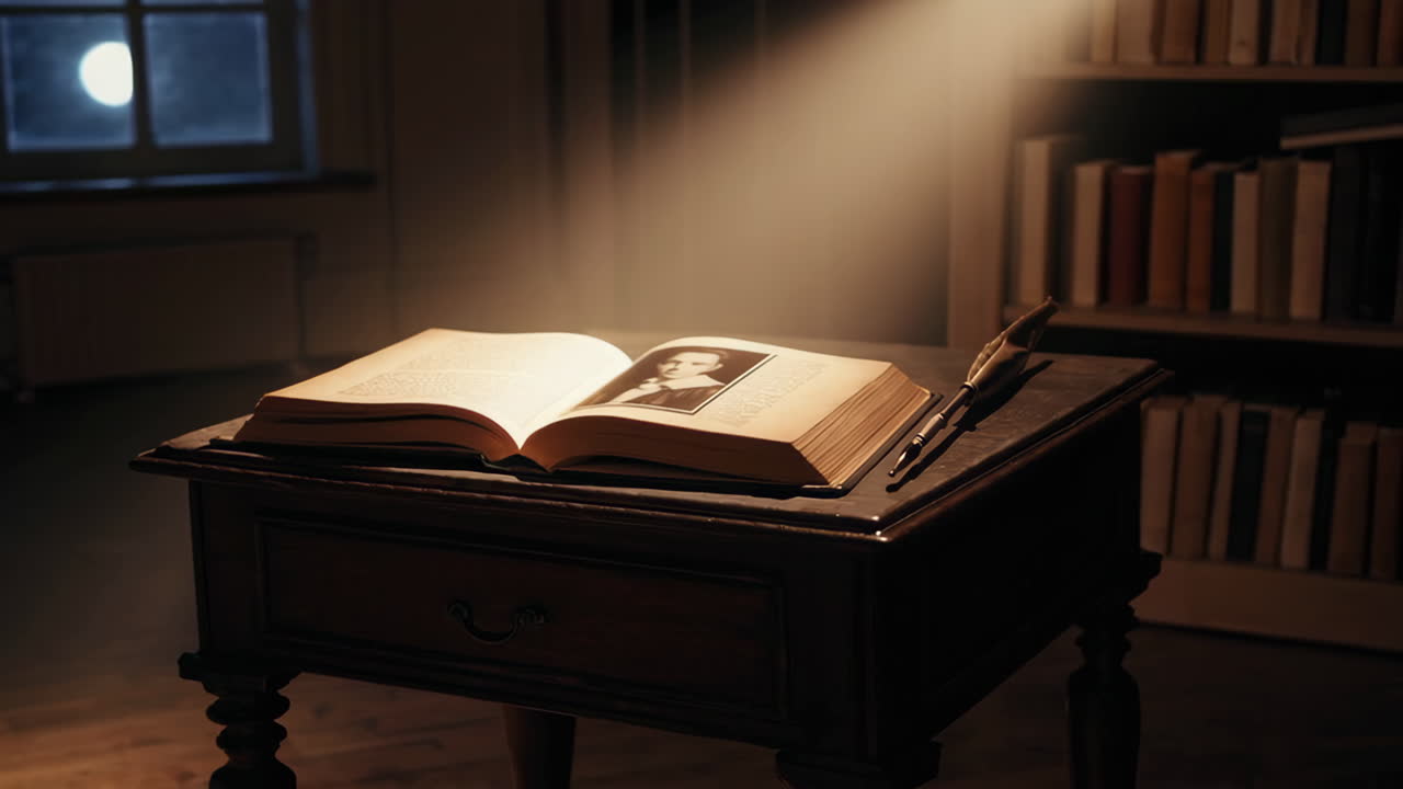 Libro aperto su tavolo antico in una stanza buia