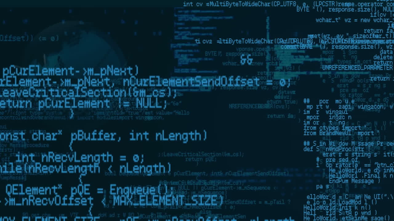 Animation of computer code processing on navy background