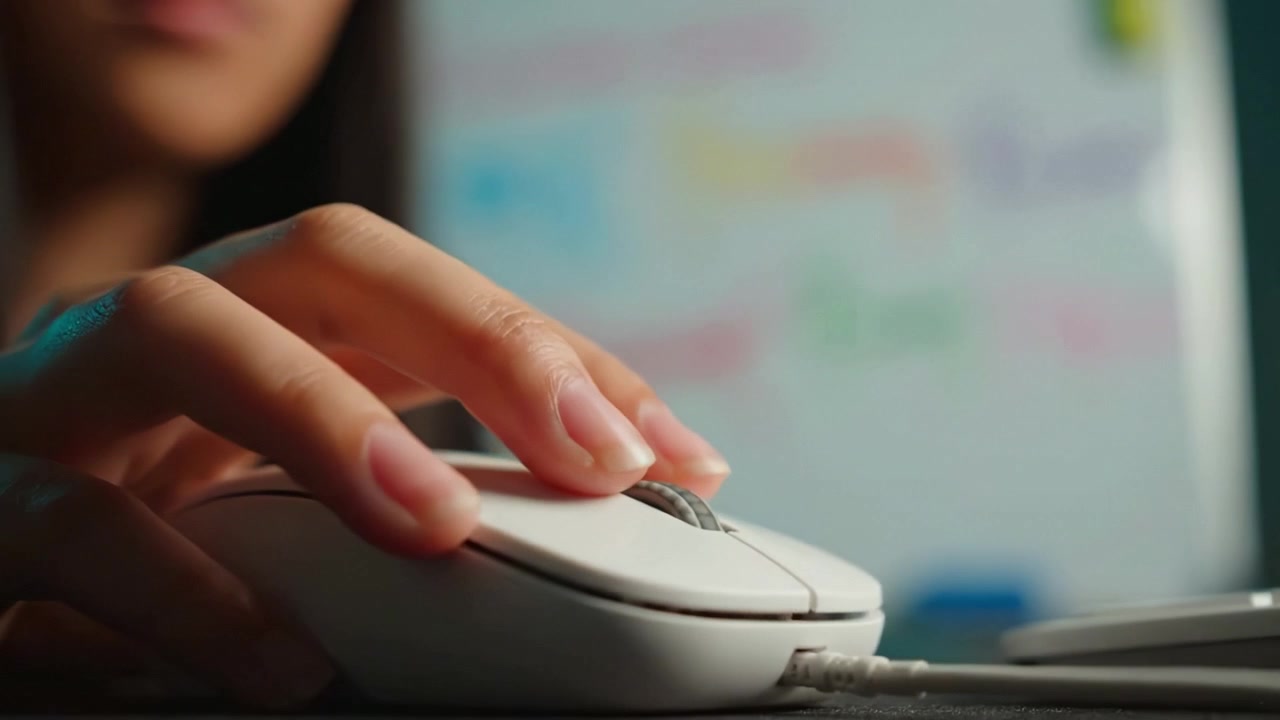 Close-up of a hand using a computer mouse against a blurred background with colorful notes, illustrating the connection between technology and productivity.