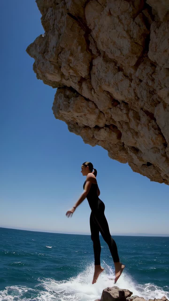 Donna in costume da bagno nero a mezz'aria mentre si tuffa da una scogliera nell'oceano
