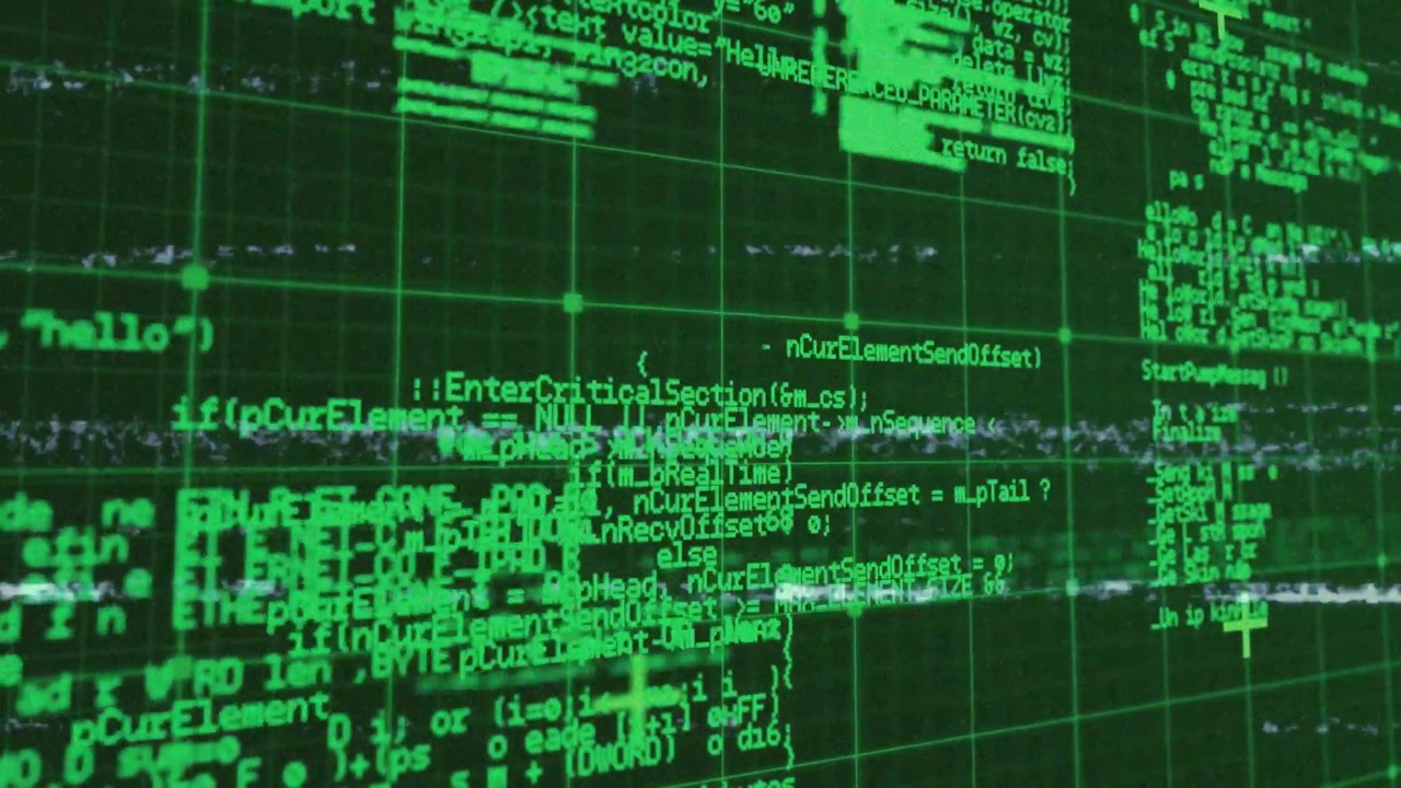 White static glitch causing green code blocks scrolling shifting in wireframe simulation for demo