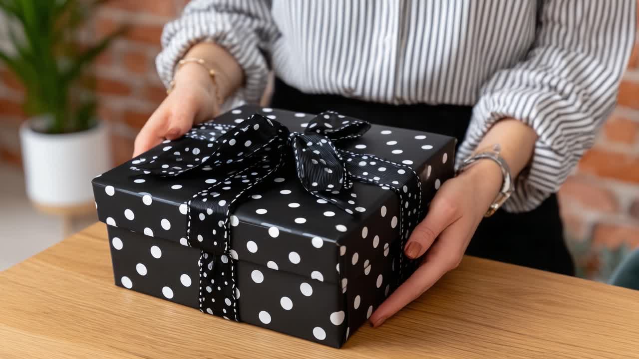A beautifully wrapped gift box featuring a stylish black and white polka dot design, held gently by hands against a warm brick background, perfect for any celebration