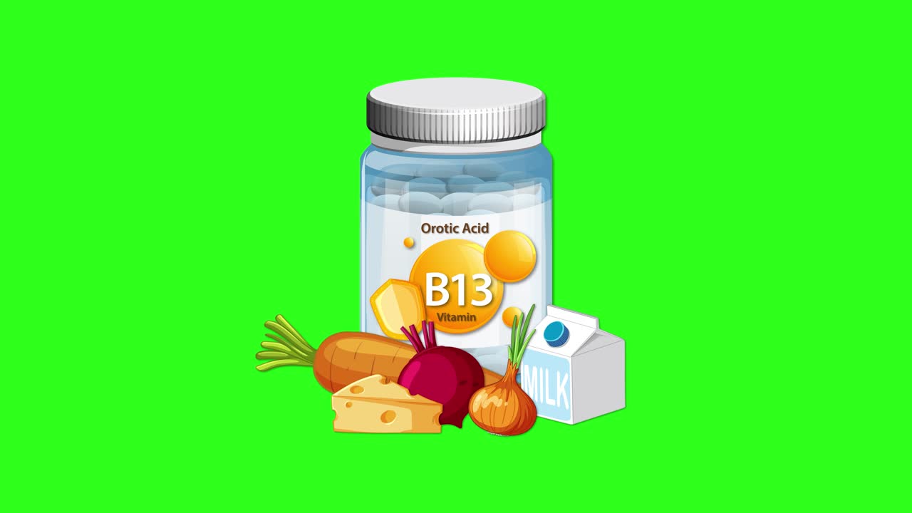 Vitamin B13 bottle and food icons animate together, smooth transitions, isolated on green background