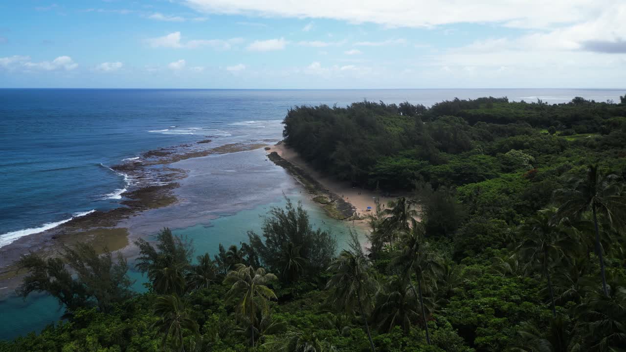 aérea sobre la costa de la isla grande, hawai: océano azul claro y día soleado con imágenes de drones en 4k