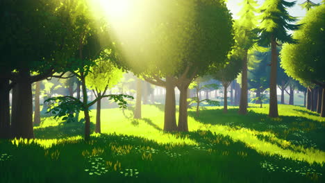 bright sunlight filtering through lush trees in a vibrant green forest clearing