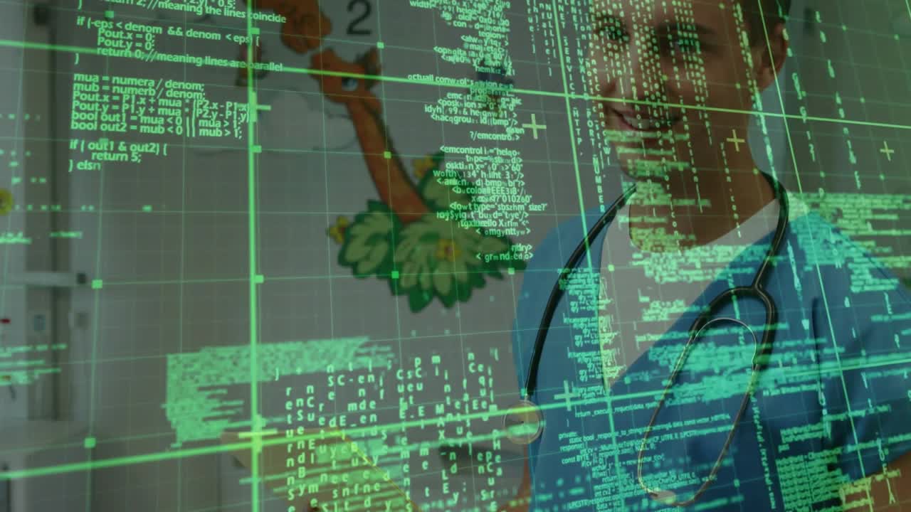 Male clinician flipping papers in clinic, green overlay drifting and revealing stethoscope