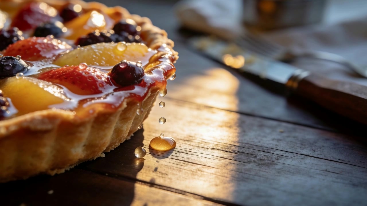 Una crostata di frutta glassata rilascia goccioline di sciroppo, lasciando che la gravità tiri le gocce su un tavolo rustico, illuminata dal sole.