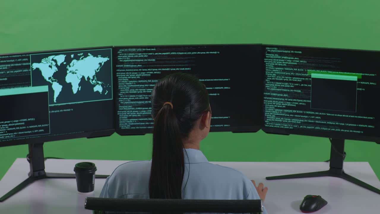 Back View Of Asian Woman Developer Using Computer To Write Code With Multiple Screens In Green Screen Studio