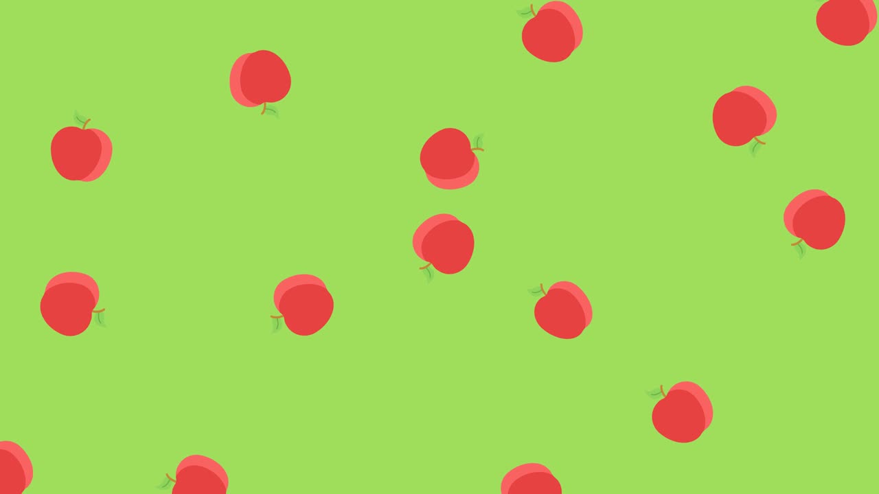 Animation of multiple red apples rotating and falling on green background