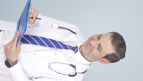 el video vertical del médico examinando el papeleo es reflexivo.