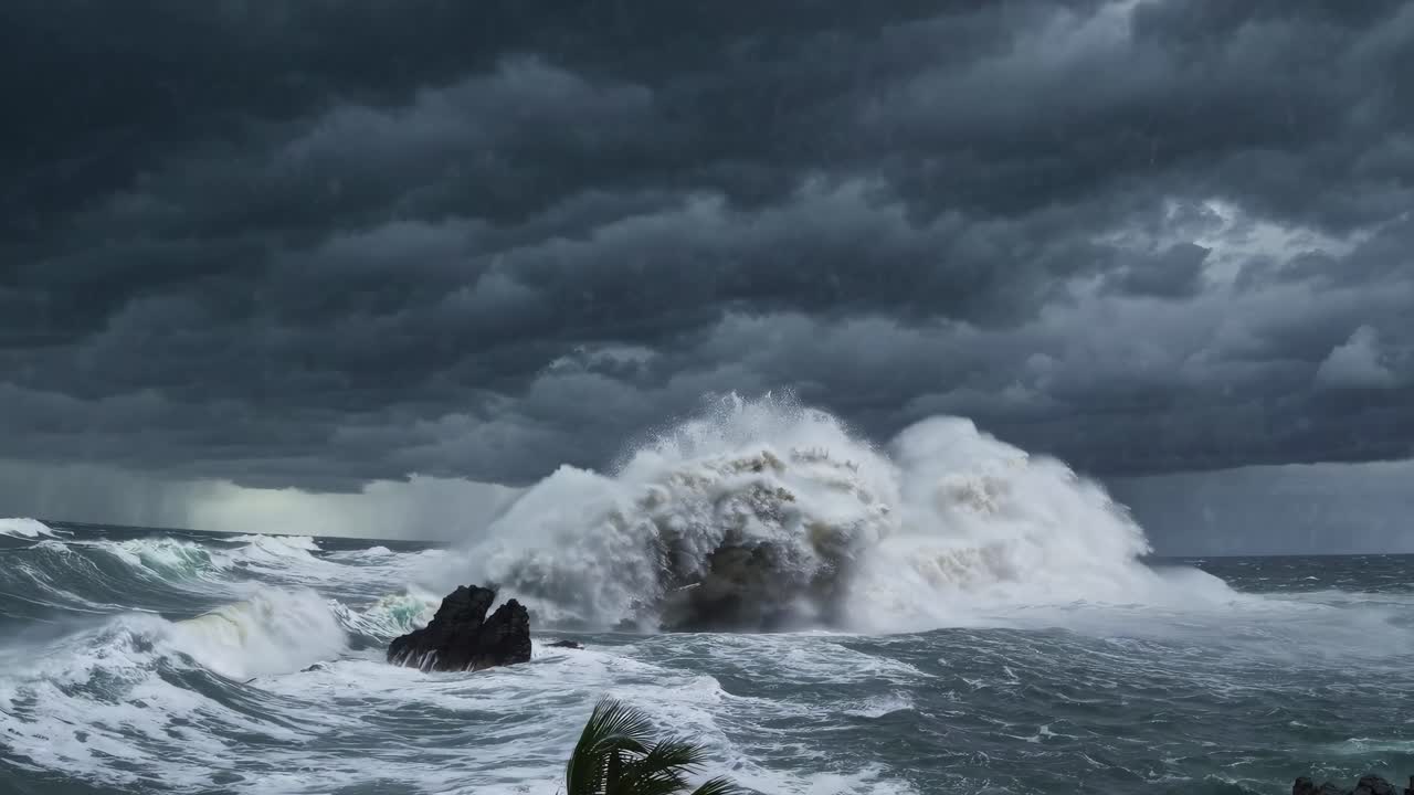 Dramatic wide-angle shot of crashing waves against rocks under stormy skies, capturing the raw power
