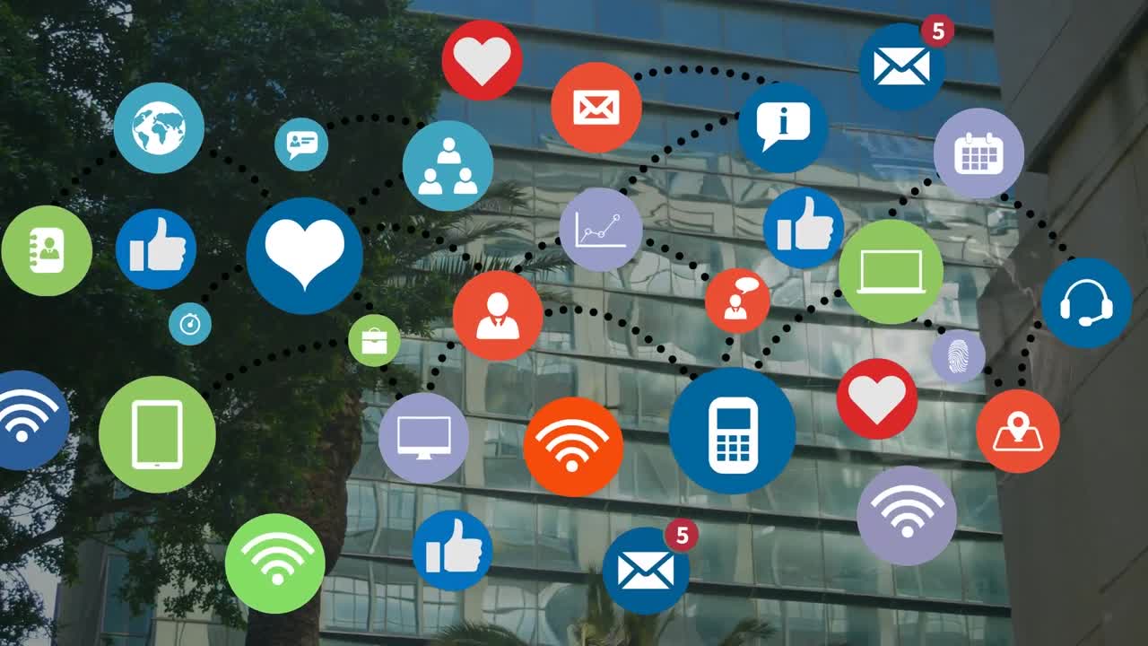 도시 풍경 위의 아이콘과 글로브로 연결된 네트워크의 애니메이션