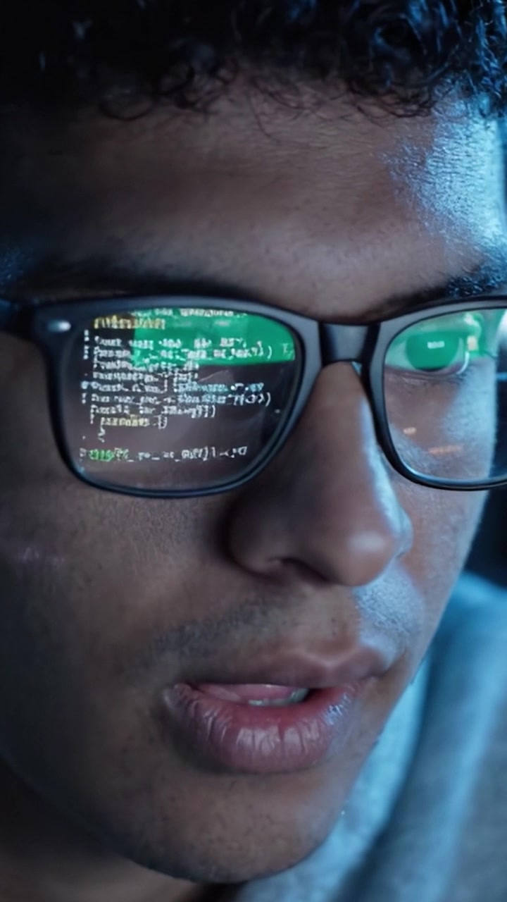 Focused Programmer Analyzing Code with High-Tech Glasses at Night, Immersed in Digital Data and Complex Algorithms, Illuminating Their Determined Expression