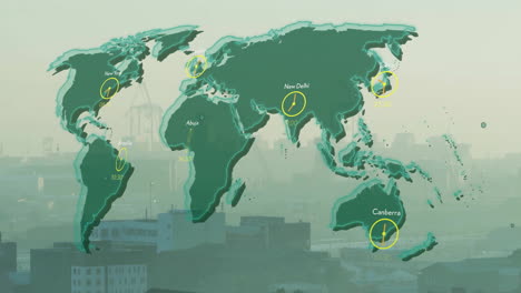 animación del procesamiento de datos y mapa del mundo sobre el paisaje urbano