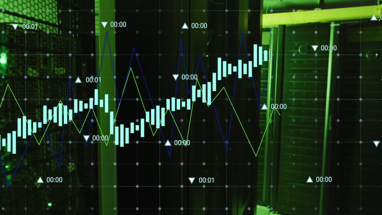 animación del procesamiento de datos financieros a través de servidores informáticos