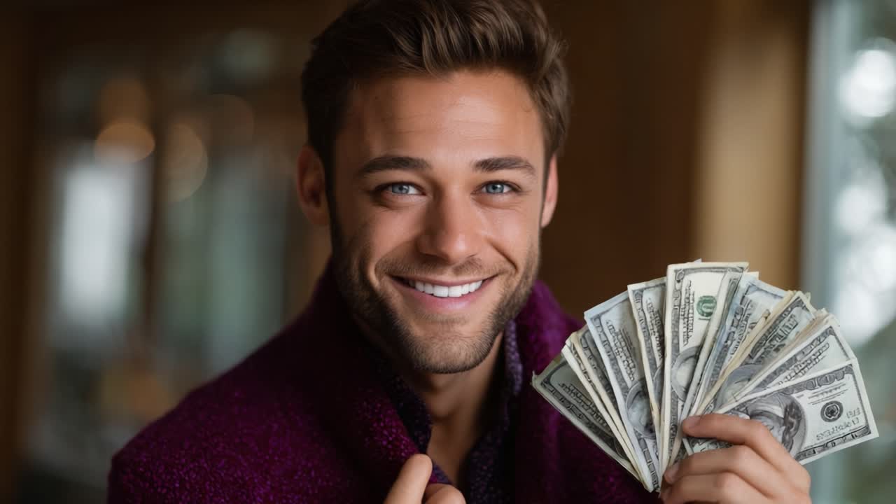 Uomo allegro che tiene gioiosamente una pila di contanti, mostrando entusiasmo e ricchezza, ripreso in un ambiente interno intimo che enfatizza felicità e successo