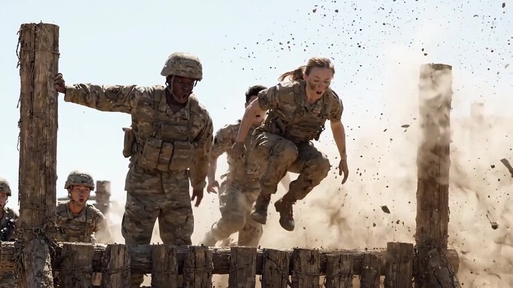 Esercitazioni militari ricche di azione con soldati che superano ostacoli in ambienti impegnativi, mettendo in mostra il lavoro di squadra e la resistenza fisica