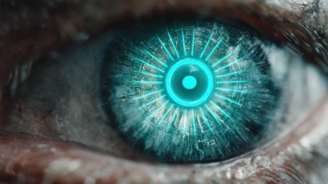 Una visione ravvicinata di un occhio futuristico con intricati motivi digitali e colori vivaci, che mostra una fusione di tecnologia e caratteristiche umane.