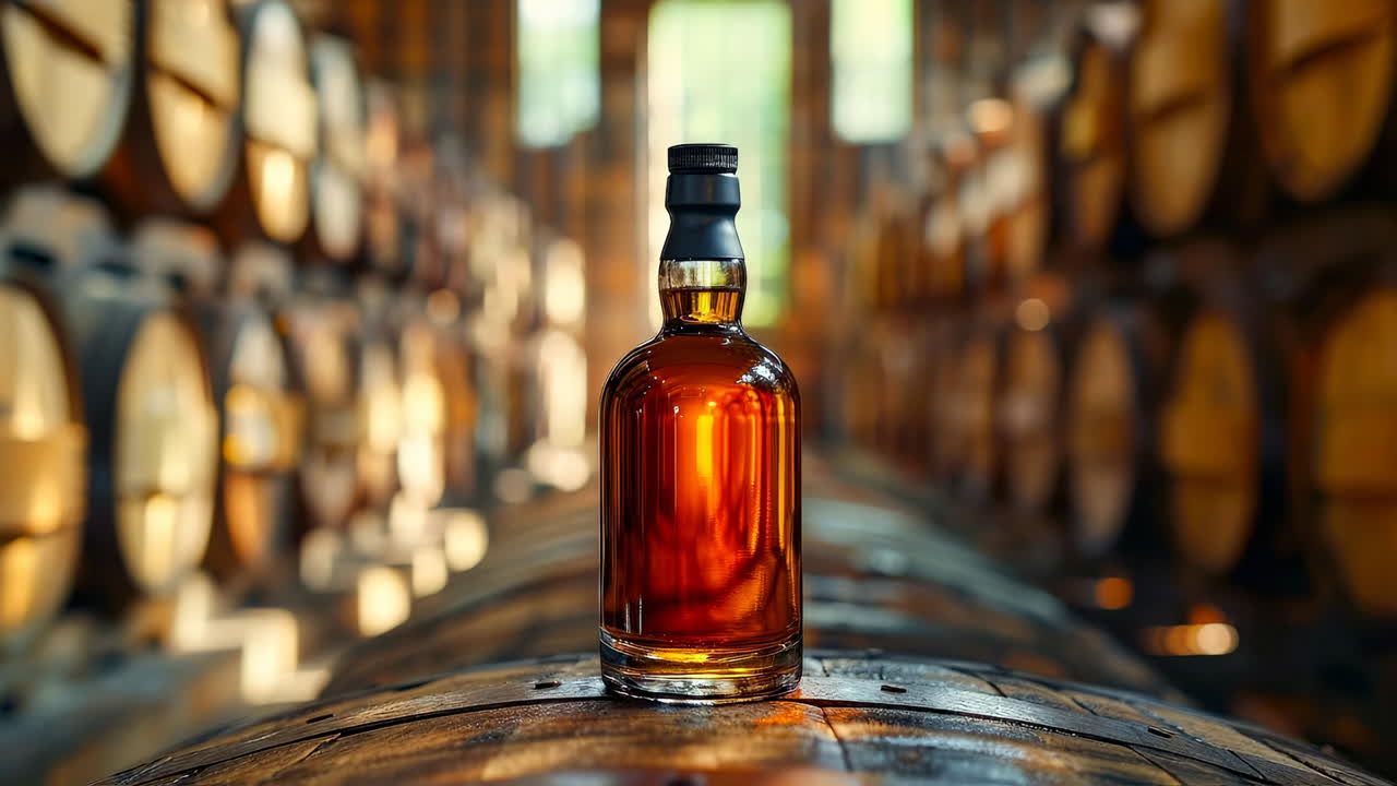 Rich amber whiskey in a distillery. A bottle of amber whiskey stands proudly on a barrel in a dimly lit distillery surrounded by wooden casks